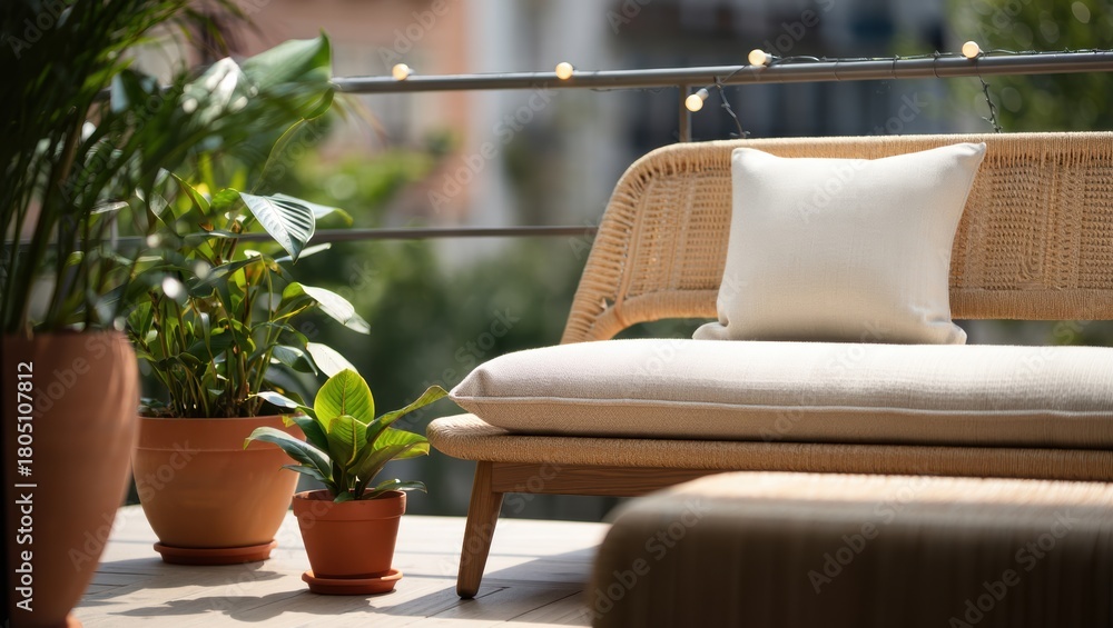 Obraz premium Sunlit outdoor lounge with wicker sofa and plush cushions on a balcony