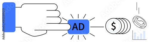 Hand pressing an AD button, leading to money coins, cash, and graphs. Ideal for marketing, revenue, online advertisement, strategy, digital growth conversion rate simple flat metaphor