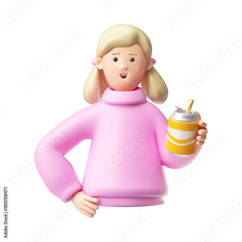 Smiling teenager girl with soda can vector 3D plastic style, cartoon happy blond schoolgirl in pink blouse half body