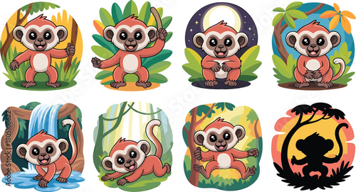 Set of Eight Cute Cartoon Red Monkeys in Various Jungle Scenes Keywords: monkey, chimpanzee, ape, primate, jungle, forest, trees, leaves, vines, swinging, climbing, sitting, playing, waterfall