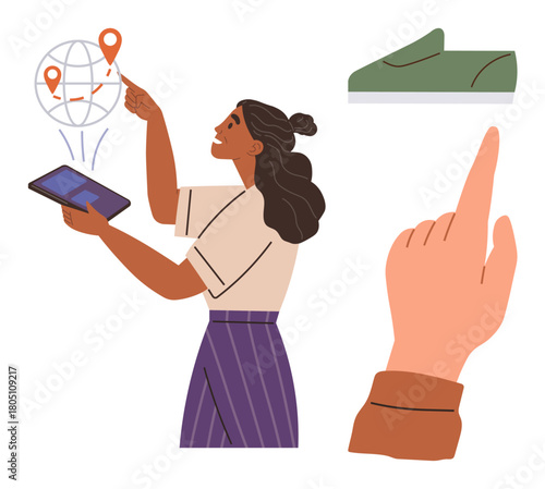 Woman points at location pins on a globe while holding a tablet, showcasing global mapping. Includes a finger tapping a screen and a green sneaker. Ideal for navigation, technology, geolocation