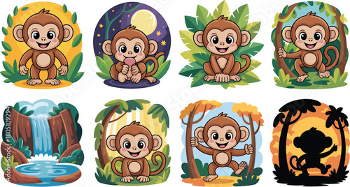 Set of Eight Cute Cartoon Brown Monkeys in Various Jungle Scenes Keywords: monkey, chimpanzee, ape, primate, jungle, forest, trees, leaves, vines, swinging, climbing, sitting, playing, waterfall