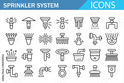 Sprinkler System Line Icons Collection Showing Fire Safety, Irrigation Equipment, Water Nozzles, Pipes, Valves, and Spray Mechanisms in Minimal Outline Style