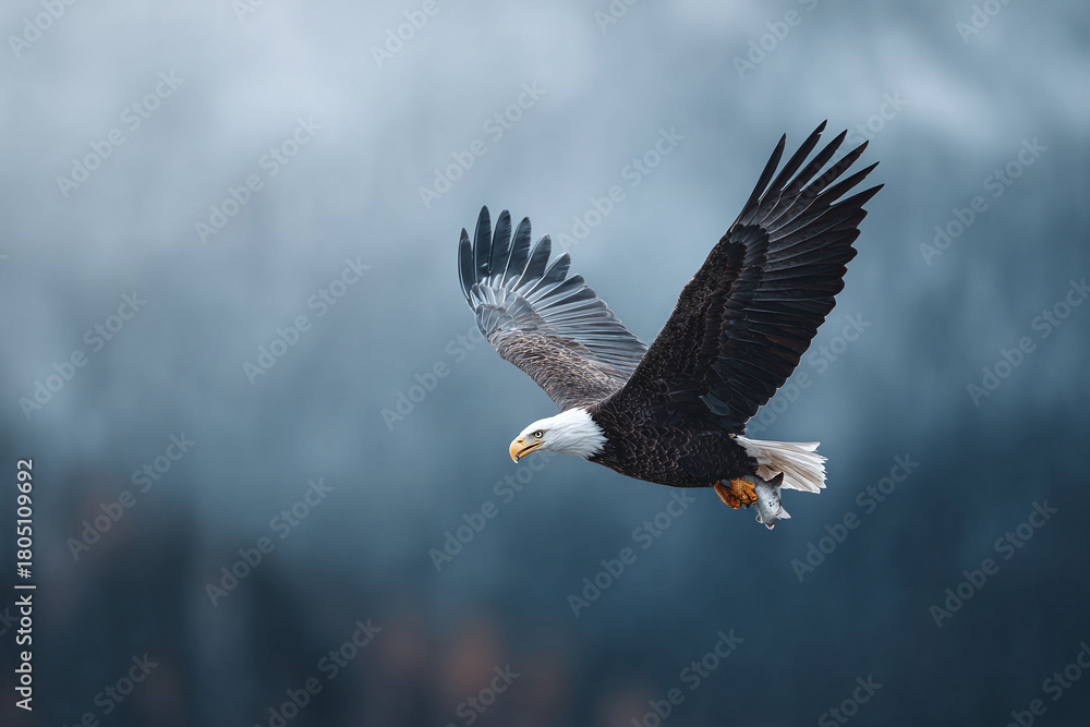 Fototapeta premium Majestic bald eagle in flight against a blurred background, wings spread wide, carrying prey. Symbol of freedom, strength, and American wildlife.