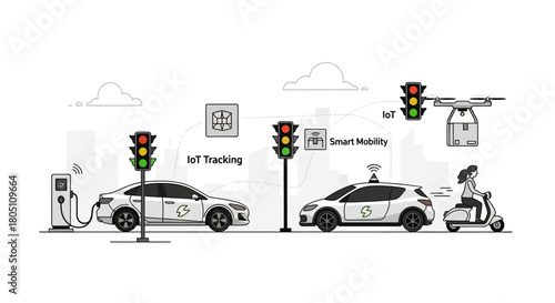 Illustration of smart city with electric vehicles, drone delivery, and IoT tracking.