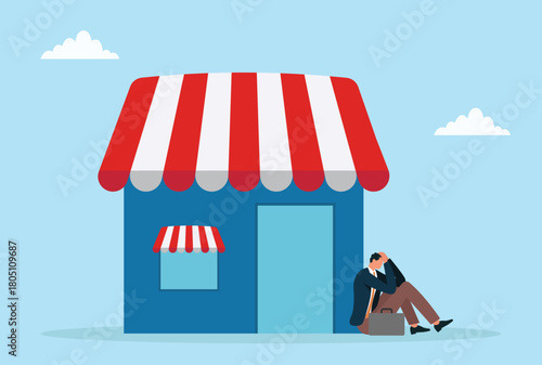 Vector illustration of an upset businessman sitting near a small store, symbolizing business struggles, financial challenges, and entrepreneurial setbacks
