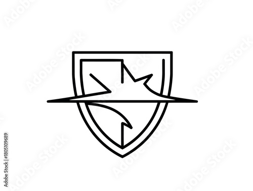 A stylized shield emblem with a dynamic, abstract element breaking through its center, symbolizing protection and disruption.
