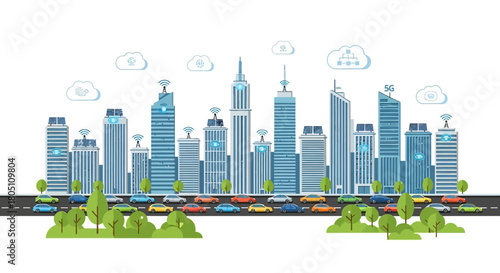 Cityscape illustration with skyscrapers, road, cars, trees, and cloud computing.