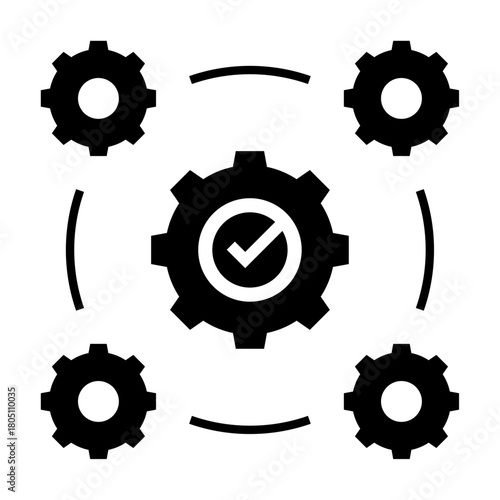 Icono de gestión de procesos. Control y eficiencia operacional. Aprobación central, sistema mecánico, flujo estructurado. Ilustración vectorial