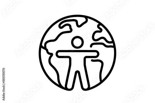 A stylized icon depicts a person standing within the outline of the Earth, symbolizing global connection and humanity's place in the world.