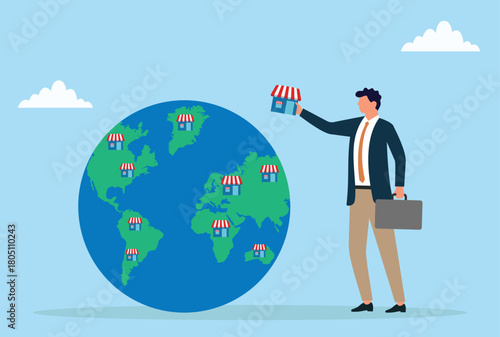 Vector illustration of a businessman expanding his brand globally, placing new stores around the world to symbolize international growth, franchise development, and worldwide business success
