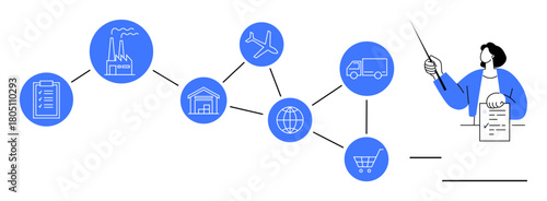 Man guiding supply chain flow from production to delivery. Includes factory, warehouse, globe, transport, shopping cart icons. Ideal for logistics, commerce, planning management trade economy