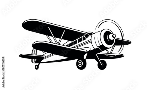 A vintage biplane with a spinning propeller is depicted in a striking black and white illustration.