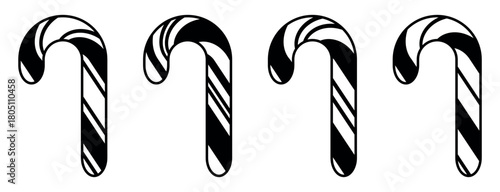 Black candy cane illustration set with striped festive Christmas shapes, simple holiday graphic elements for winter decoration, coloring pages, prints, cards, stickers and seasonal design projects
