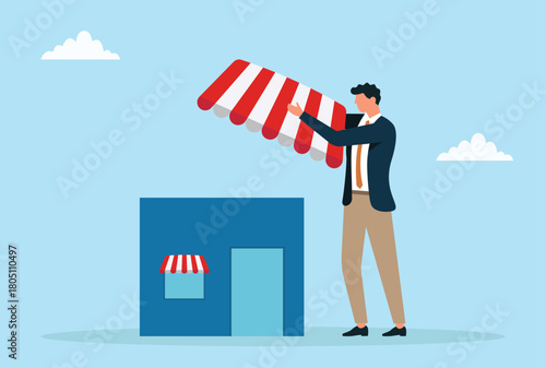 Vector illustration of a businessman placing a red-and-white canopy on a shop, symbolizing business setup, store branding, small business development, and entrepreneurship

