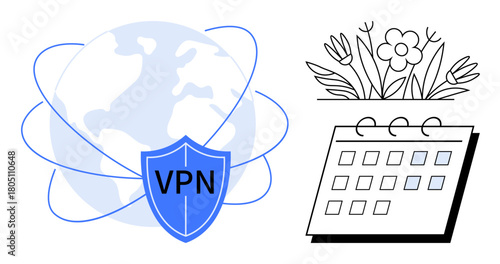 VPN shield overlaying a globe, connected with lines. Calendar and flower illustration on side. Ideal for internet security, data protection, global connectivity, scheduling, growth, privacy safe