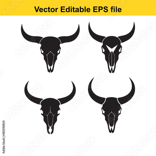 Set of four black bull skulls with horns, isolated on