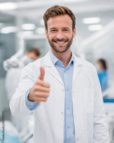 A smiling man in a white lab coat is giving a thumbs up