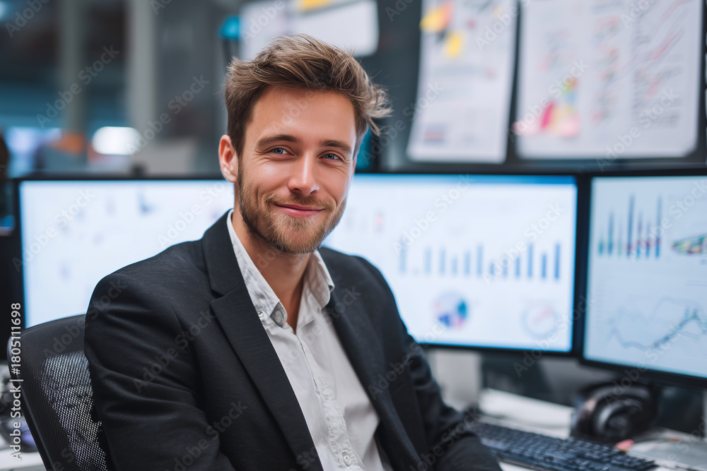 Obraz premium A man in a suit is smiling in front of a computer monitor