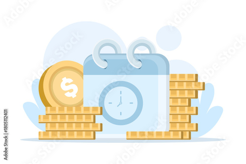 Illustration of a calendar with payment reminders, money, and business symbols, representing financial management, successful investments, wealth planning, savings, and account tracking.