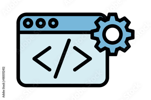 A programming window displays code tags alongside a gear icon representing settings and development.