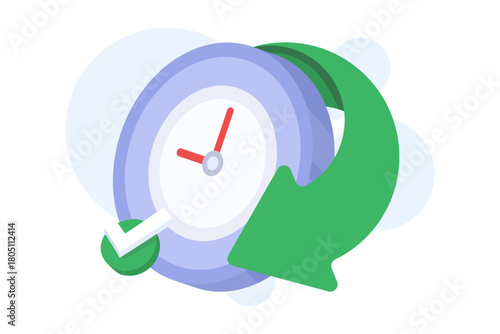 Cartoon-style illustration of an alarm clock with check marks and arrows, symbolizing quick delivery, efficient scheduling, and effective time management concepts.