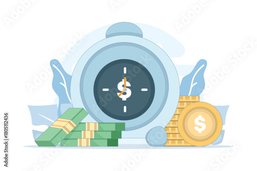 Time for money concept illustrated with an alarm clock showing a dollar sign, symbolizing investment profits, payment deadlines, promotions, and wealth-building opportunities.