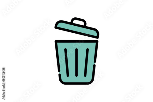 A simple icon of a teal trash can with its lid ajar is depicted against a white background.