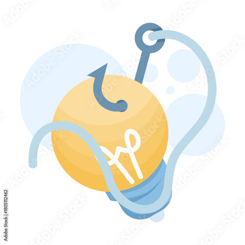 Plagiarism concept illustrated with a fishing hook catching a lightbulb, symbolizing the act of stealing ideas, thoughts, and creative solutions. flat vector illustration on background.