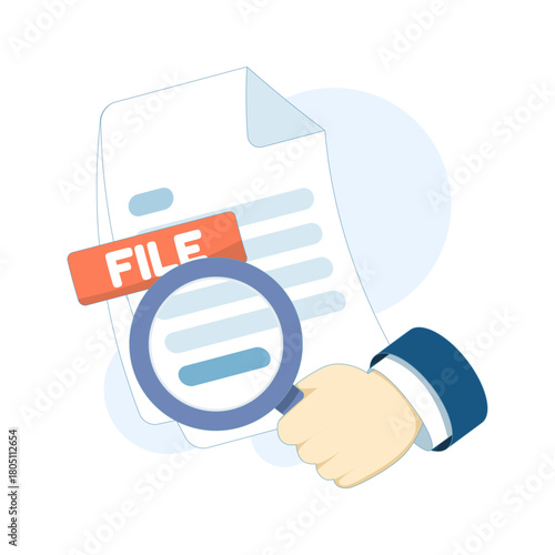 Cartoon-style illustration of a document with a magnifying glass, representing file searching, document management, and information lookup concepts.