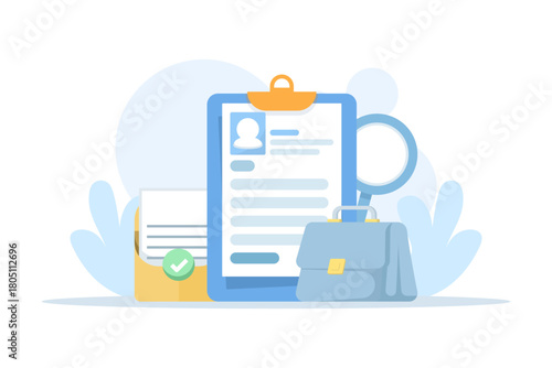 Illustration of job interview and human resources concept, depicting job search, recruitment process, and business hiring strategies in a flat vector style.