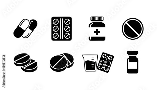 Collection of Pharmaceutical Pills and Medication Icons in Black Silhouette.