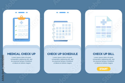 Flat vector illustration of medical icons and check-up schedule, including bills, for mobile app or website UI, banner, and template design in modern flat color style with three variations.