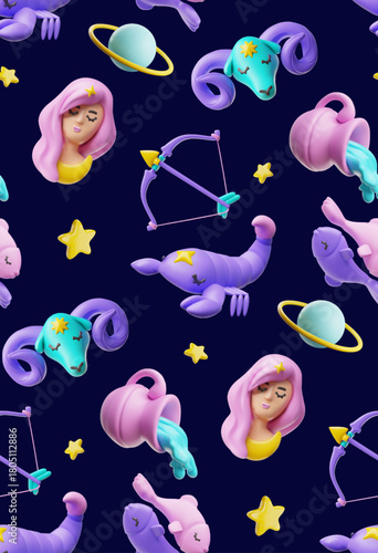 Horoscope signs vector seamless pattern, 3D cartoon Aquarius, Sagittarius, Virgo, Pisces, Scorpio Aries zodiac symbols