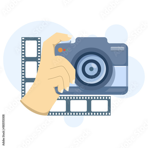 World Photography Day illustration showing a hand holding a camera, capturing a moment, surrounded by film rolls. Ideal for cards, websites, and social media.