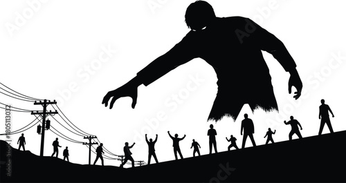 Silhouette of giant zombie monster reaching for crowd on hill with power lines, horror apocalypse attack vector illustration