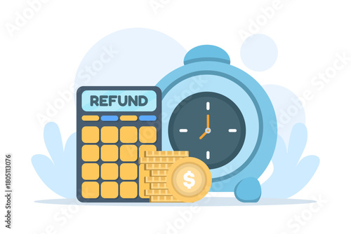 Time refund concept illustrated with an alarm clock, calculator, and coins, symbolizing financial returns, reimbursement, and time-related compensation.