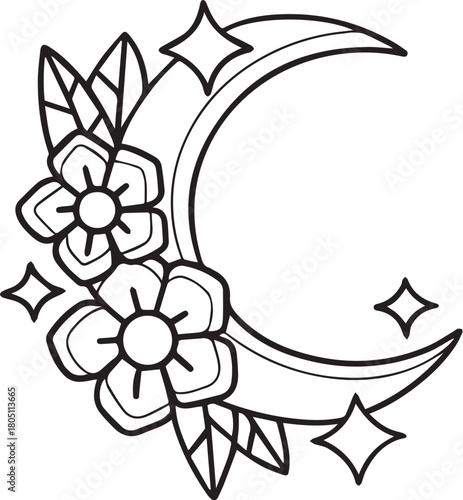 Traditional Moon with Flowers Tattoo Stencil T-Shirt Print
