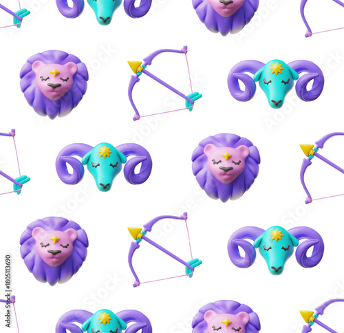 Horoscope signs vector seamless pattern 3D cartoon plastic style, Sagittarius, Lion and Aries Astrological zodiac symbol