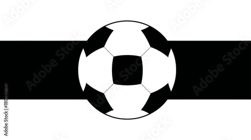 Black and white soccer ball graphic centered on a horizontal stripe, minimalist football game symbol and sport icon.