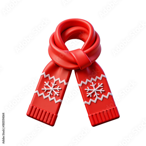 red knit Christmas scarf with white snowflakes 3D Icon – Glossy Minimal Emoji Style, Isolated PNG object