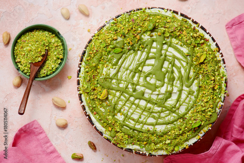 Fototapeta Naklejka Na Ścianę i Meble -  Pistachio tiramisu. top veiw .selective focus.