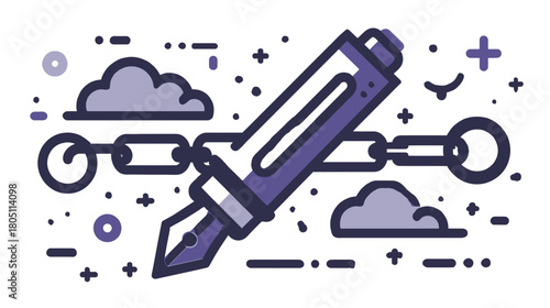 Digital content strategy illustration: Linked fountain pen for writing, blogging, SEO, and online communication concepts.