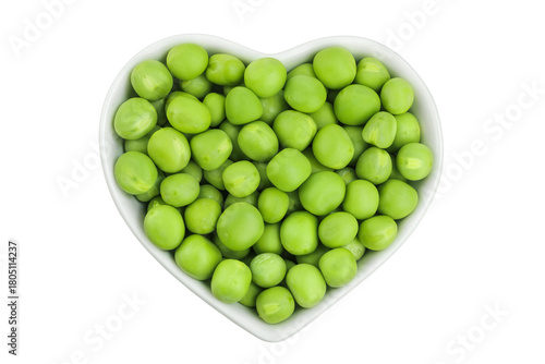 Fresh green peas in ceramic bowl isolated on white background. Top view. Flat lay