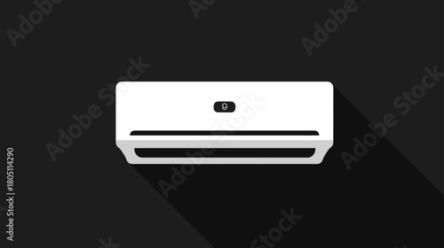 Modern white air conditioner unit with flat design and long shadow on dark background. Climate control, cooling, and ventilation technology.