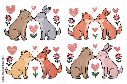 Four distinct pairs of adorable cartoon animals sharing sweet, gentle kisses surrounded by charming floral accents and hearts.