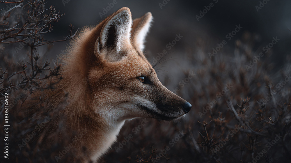 Obraz premium Intimate portrait of a maned wolf. The animal looks intently offframe, exuding alertness and grace. Perfect for wildlife, nature, or animalthemed projects.