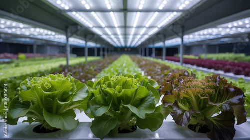 Rows of vibrant green lettuce and leafy vegetables growing under bright led lights in a modern indoor vertical farm