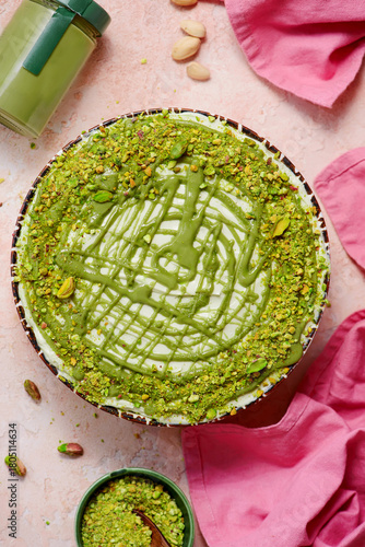 Fototapeta Naklejka Na Ścianę i Meble -  Pistachio tiramisu. top veiw .selective focus.