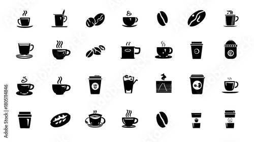 Collection of Black and White Coffee Icons with Cups, Mugs, Espresso, Latte, and Coffee Beans for Web and Print Design